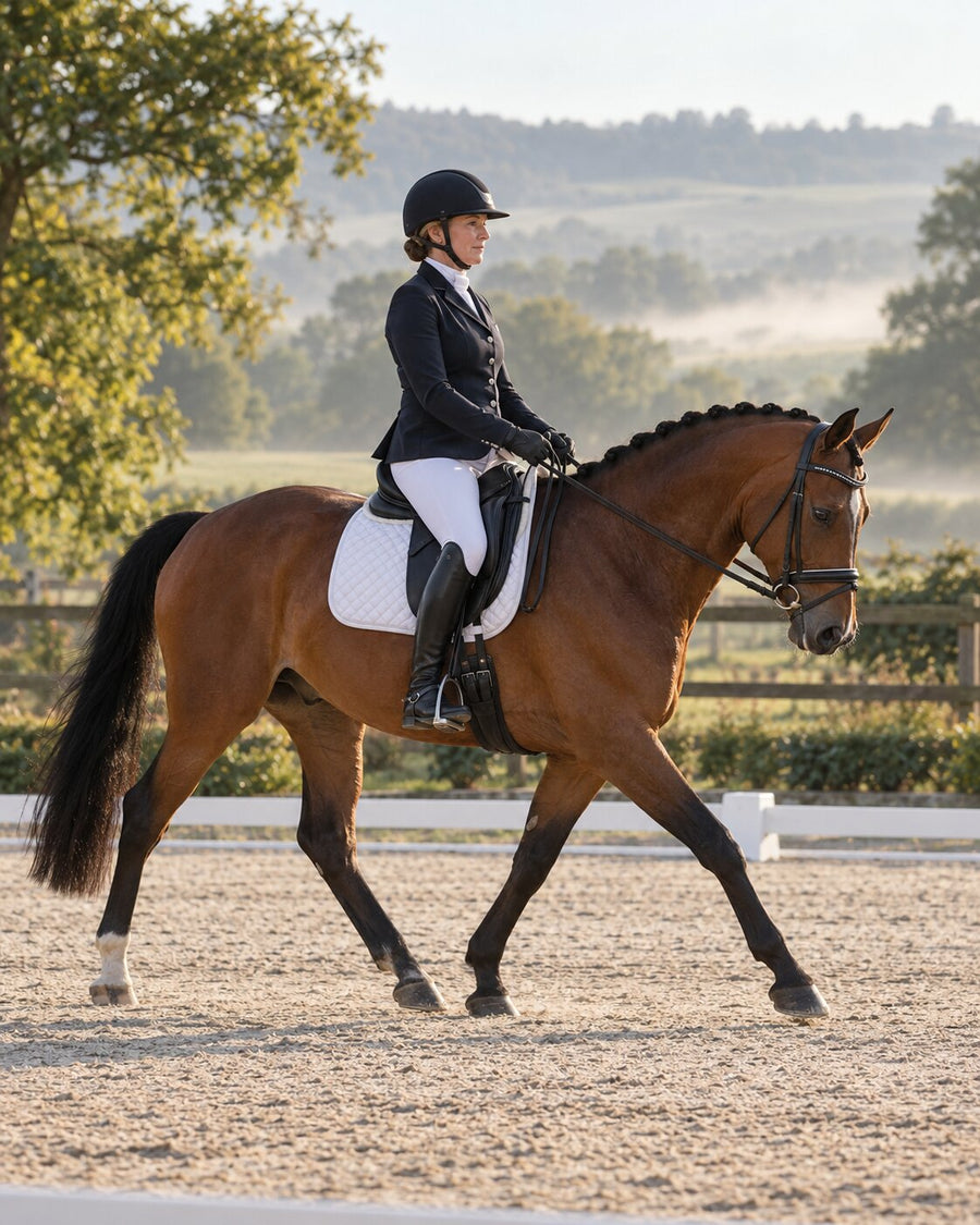Rider in her fifties schooling dressage in sitting trot
